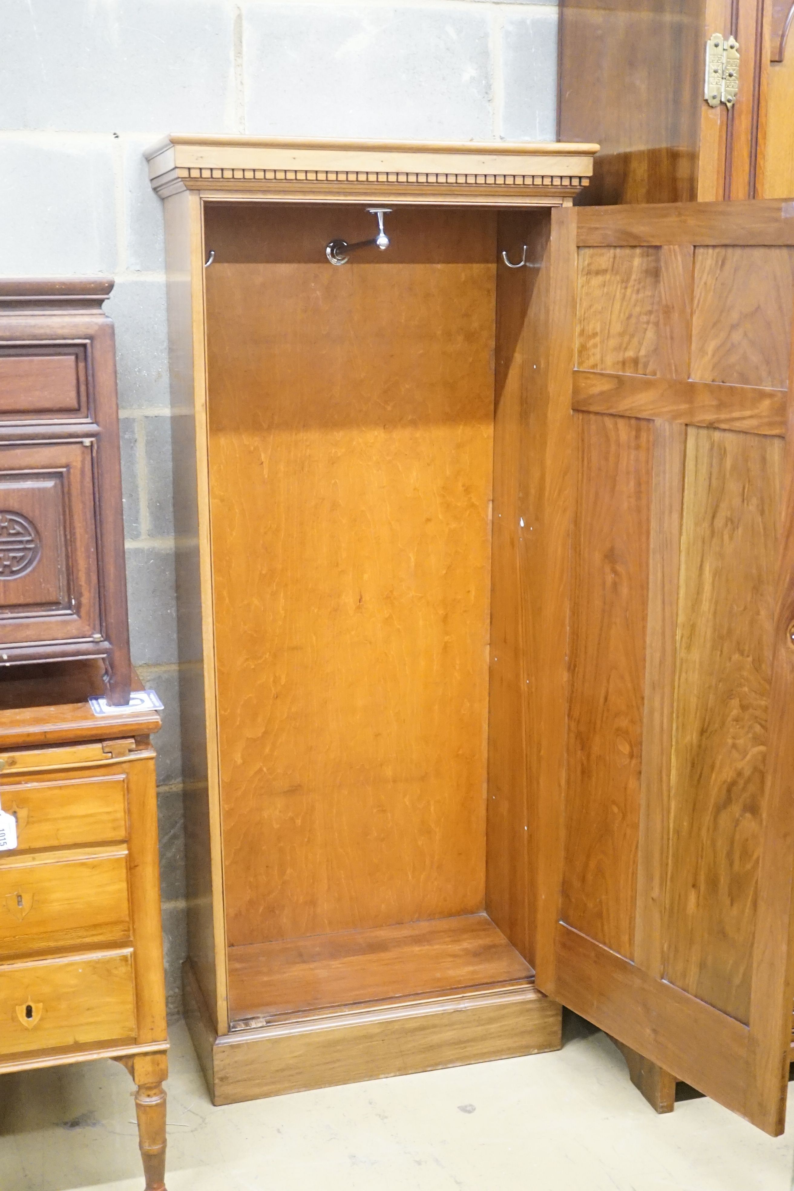 A late 19th / early 20th century walnut panelled bachelor's wardrobe, width 67cm depth 33cm height 158cm